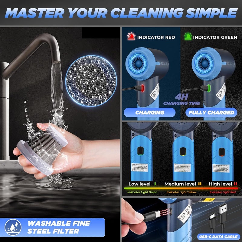 Saker Portable Car Vacuum Cleaner Cordless High Power 17000PA 3 in 1 Foldable Handheld Vacuum Cordless with Brushless Motor for Inflation,Dust Blowing,Home Car Cleaning HL132 Blue - Image 5